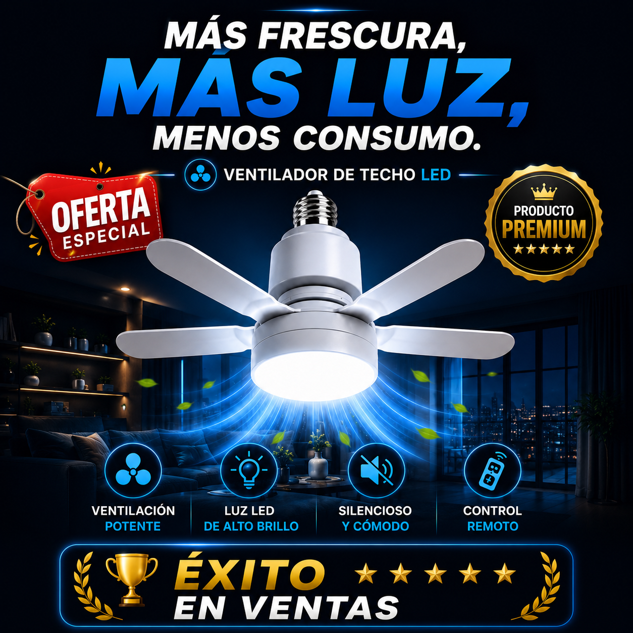 🔥 OFERTA LIMITADA 🔥 VENTILADOR DE BOMBILLO 5 ASPAS + LAMPARA LED